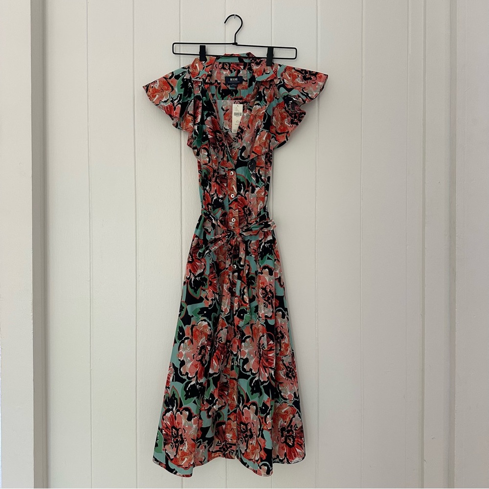 NWT Anthropologie Coral and Black Floral Midi Dress